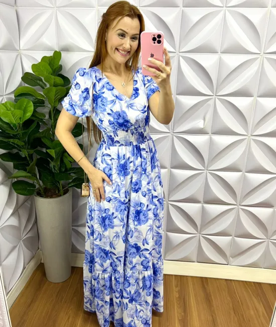 Vestido Crepe De Seda Floral Longo Marta - Azul - Milla Chic
