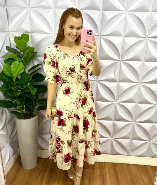Vestido Crepe De Seda Floral Mídi Carine - Areia - Milla Chic