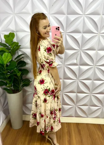 Vestido Crepe De Seda Floral Mídi Carine - Areia - Milla Chic
