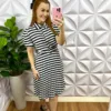 Vestido Crepinho Listrado Com Saia Plissada Aurora - Preto - Milla Chic
