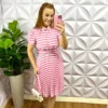 Vestido Crepinho Listrado Com Saia Plissada Aurora - Rosa - Milla Chic