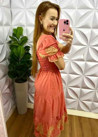 Vestido de Laise de Algodão Bordado Hevelin - Salmão - Milla Chic