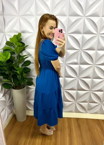 Vestido Dunas Mídi Com Marias e Botões Madreperola Eliene - Azul - Milla Chic