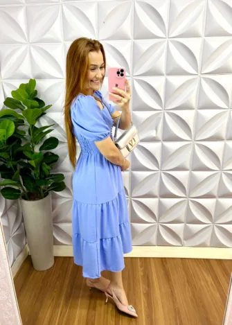 Vestido Dunas Mídi Com Marias e Botões Madreperola Eliene - Azul - Milla Chic