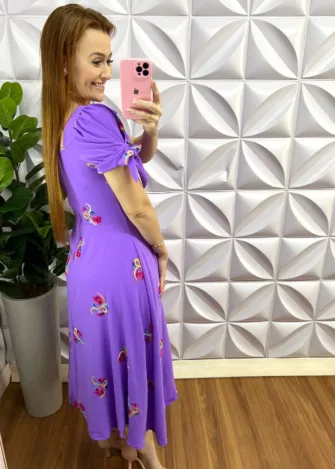 Vestido Dunna Bordado Com Botões De Perola Mídi Daniele - Roxo - Milla Chic