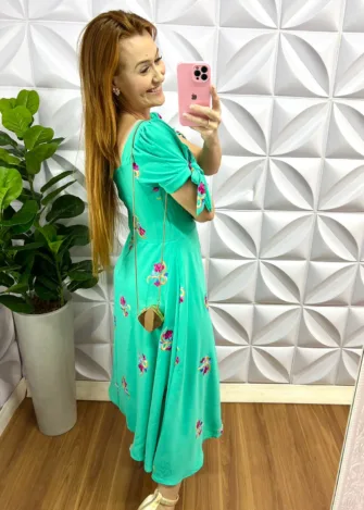 Vestido Dunna Bordado Com Botões De Perola Mídi Daniele - Verde Agua - Milla Chic