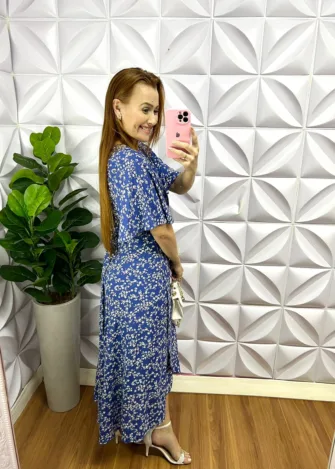 Vestido Envelope Viscolinho Manga Raglan Floral Melinda - Azul - Milla Chic