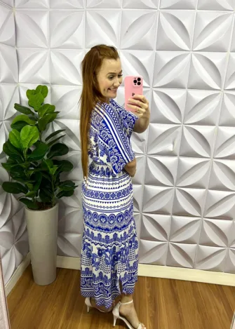Vestido Com Lastex Floral Mídi Fabiana - Azul - Milla Chic
