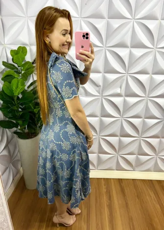 Vestido Jeans Bordado Com Laço Na Manga Alice - Azul Escuro - Milla Chic