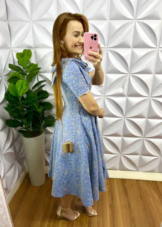 Vestido Jeans Bordado Com Laço Na Manga Alice - Azul - Milla Chic