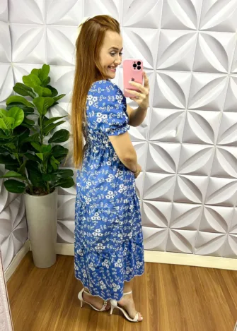 Vestido Jeans Bordado Com Lastex Mirela - Azul - Milla Chic