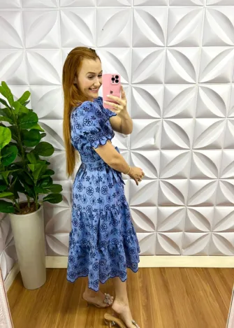 Vestido Jeans Bordado Natiele - Azul - Milla Chic