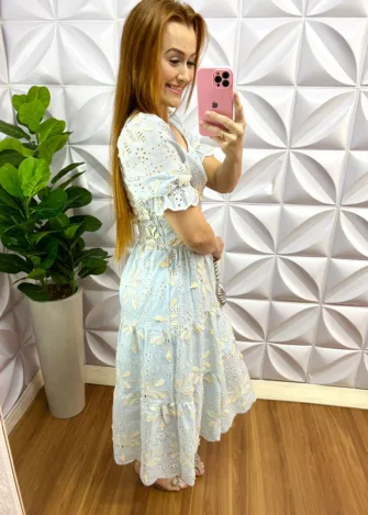 Vestido Laíse 100% Algodão Bordado Em Alto Relevo Helena - Azul Bebe - Milla Chic