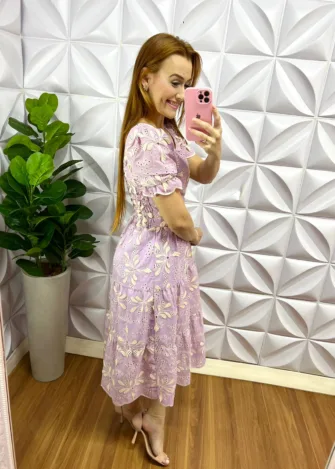 Vestido Laíse 100% Algodão Bordado Em Alto Relevo Helena - Lavanda - Milla Chic