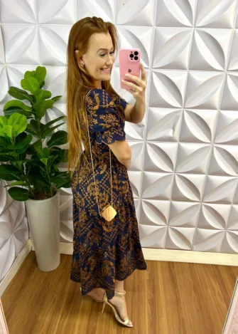 Vestido Laíse 100% Algodão Bordado Em Alto Relevo Helena - Azul Marinho - Milla Chic