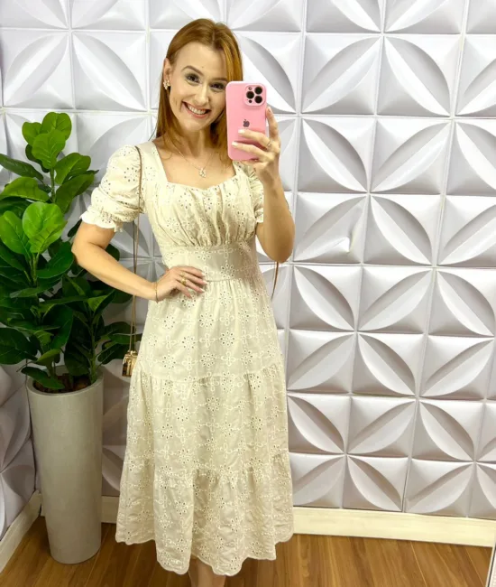 Vestido Laíse 100% Algodão Com Bojo Maria Clara - Areia - Milla Chic