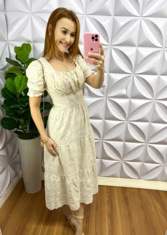 Vestido Laíse 100% Algodão Com Bojo Maria Clara - Areia - Milla Chic