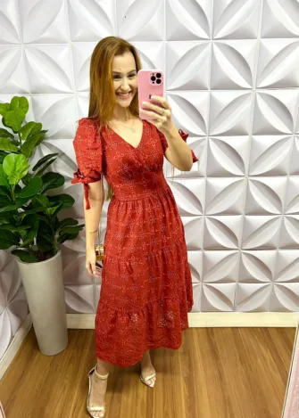 Vestido Laíse 100% Algodão Com Marias Mídi Manuela - Terra Cota - Milla Chic