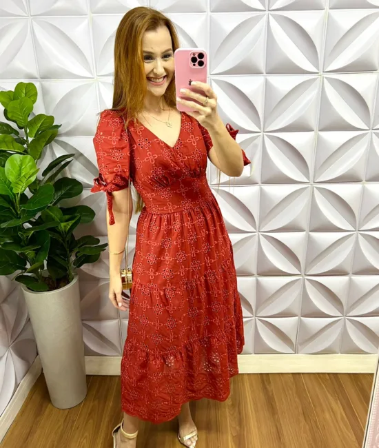 Vestido Laíse 100% Algodão Com Marias Mídi Manuela - Terra Cota - Milla Chic