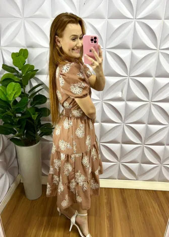 Vestido Laise de Algodão Mídi Laura - Marrom - Milla Chic