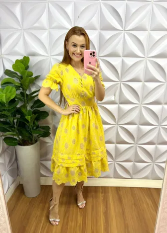 Vestido Lasie Algodão Mangas Princesa Com Botões De Perolas Kate - Amarelo - Milla Chic