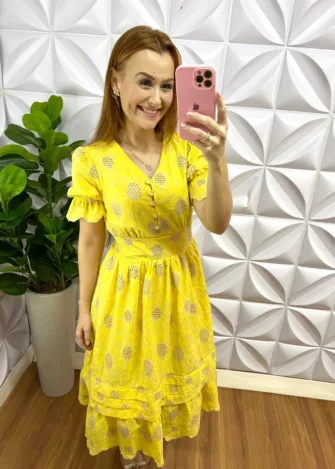 Vestido Lasie Algodão Mangas Princesa Com Botões De Perolas Kate - Amarelo - Milla Chic