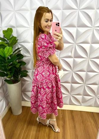 Vestido Linho Bordado Midi Com Cinto Encapado Renata - Rosa - Milla Chic