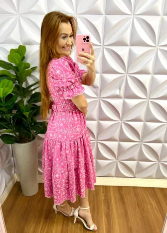 Vestido Linho Bordado Midi Com Cinto Encapado Renata - Rosa Claro - Milla Chic