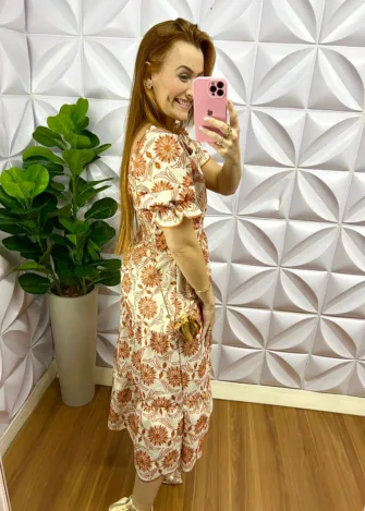 Vestido Linho Bordado Midi Com Marias Rebecca - Laranja - Milla Chic