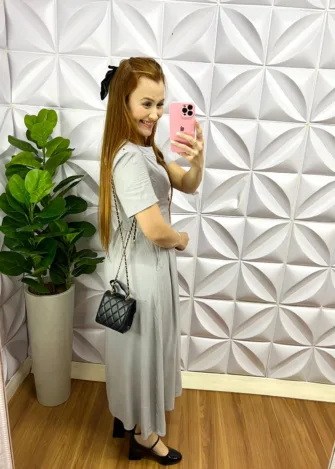 Vestido Linho Godê Mídi Com Bolso Stella - Cinza - Milla Chic