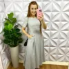 Vestido Linho Godê Mídi Com Bolso Stella - Cinza - Milla Chic