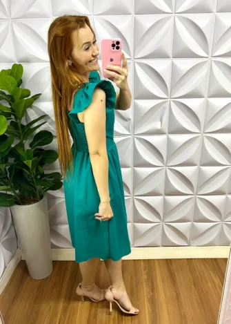 Vestido Linho Manga Babadinho Até o Joelho Emanuela - Verde Jade - Milla Chic