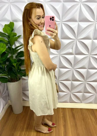 Vestido Linho Manga Babadinho Até o Joelho Emanuela - Areia - Milla Chic