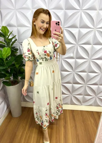 Vestido Linhocel Bordado Manga Princesa Longo Luara - Areia - Milla Chic