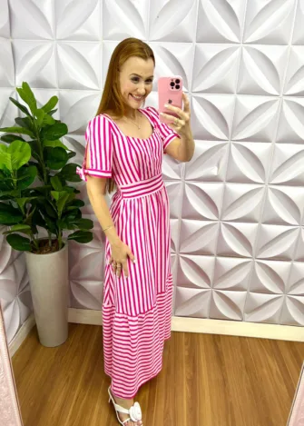 Vestido Longo Dunna Listrado Amanda - Rosa - Milla Chic