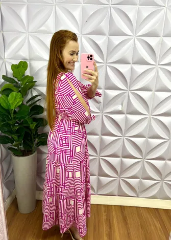 Vestido Longo Dunna Manga Longa Estampa Geométrica Amelia - Rosa - Milla Chic