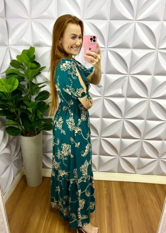 Vestido Longo Viscolinho Floral Manga Princesa Andreia - Verde - Milla Chic