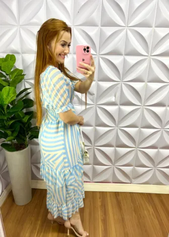 Vestido Mídi Tule Abstrato Vania - Azul - Milla Chic