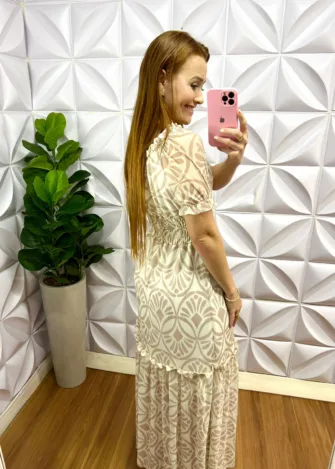 Vestido Mídi Tule Abstrato Vania - Areia - Milla Chic