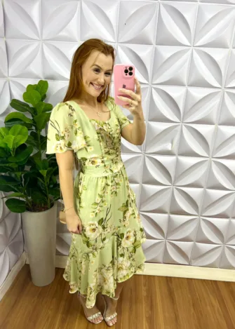Vestido no Chiffon Floral Mídi Catarina - Verde - Milla Chic