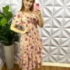 Vestido no Chiffon Floral Mídi Catarina - Areia Com Rosa - Milla Chic
