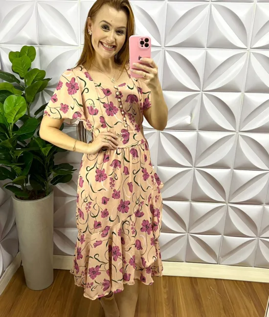 Vestido no Chiffon Floral Mídi Catarina - Areia Com Rosa - Milla Chic