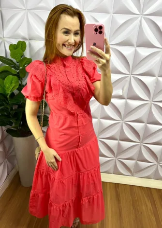 Vestido Tricoline 100% Com Detalhes Em Guipper E Lasie Mídi Kate - Laranja - Milla Chic