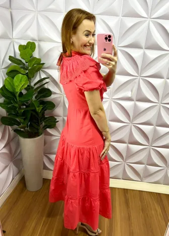 Vestido Tricoline 100% Com Detalhes Em Guipper E Lasie Mídi Kate - Laranja - Milla Chic