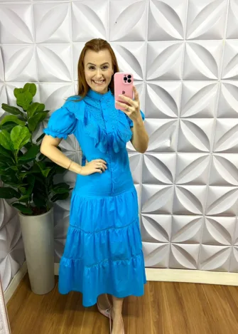 Vestido Tricoline 100% Com Detalhes Em Guipper E Lasie Mídi Kate - Azul - Milla Chic