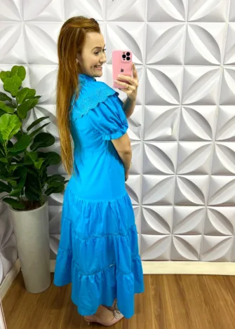 Vestido Tricoline 100% Com Detalhes Em Guipper E Lasie Mídi Kate - Azul - Milla Chic