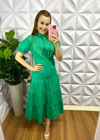 Vestido Tricoline 100% Com Detalhes Em Guipper E Lasie Mídi Kate - Verde - Milla Chic