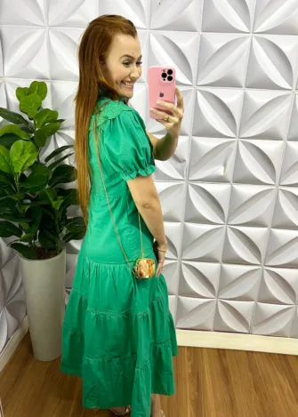 Vestido Tricoline 100% Com Detalhes Em Guipper E Lasie Mídi Kate - Verde - Milla Chic