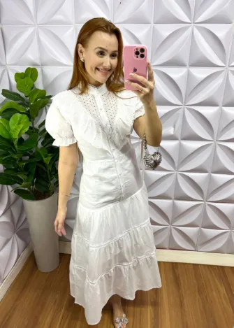 Vestido Tricoline 100% Com Detalhes Em Guipper E Lasie Mídi Kate - Branco - Milla Chic
