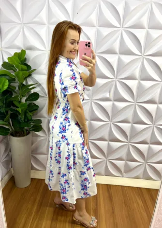 Vestido Tricoline Mídi Com Botões Encapados Floral Samara - Azul - Milla Chic